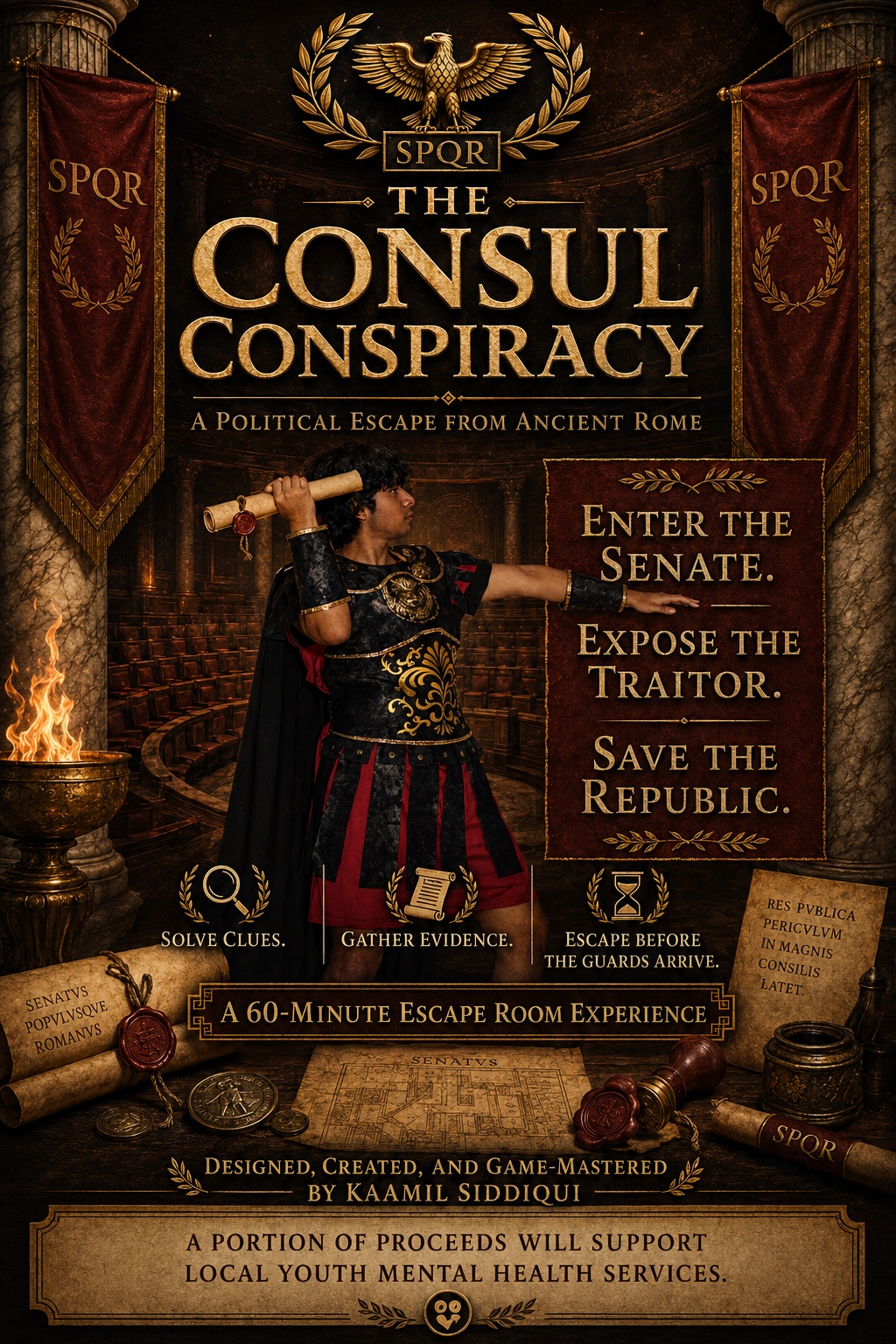 The Consul Conspiracy poster depicting Roman ancient escape room theme